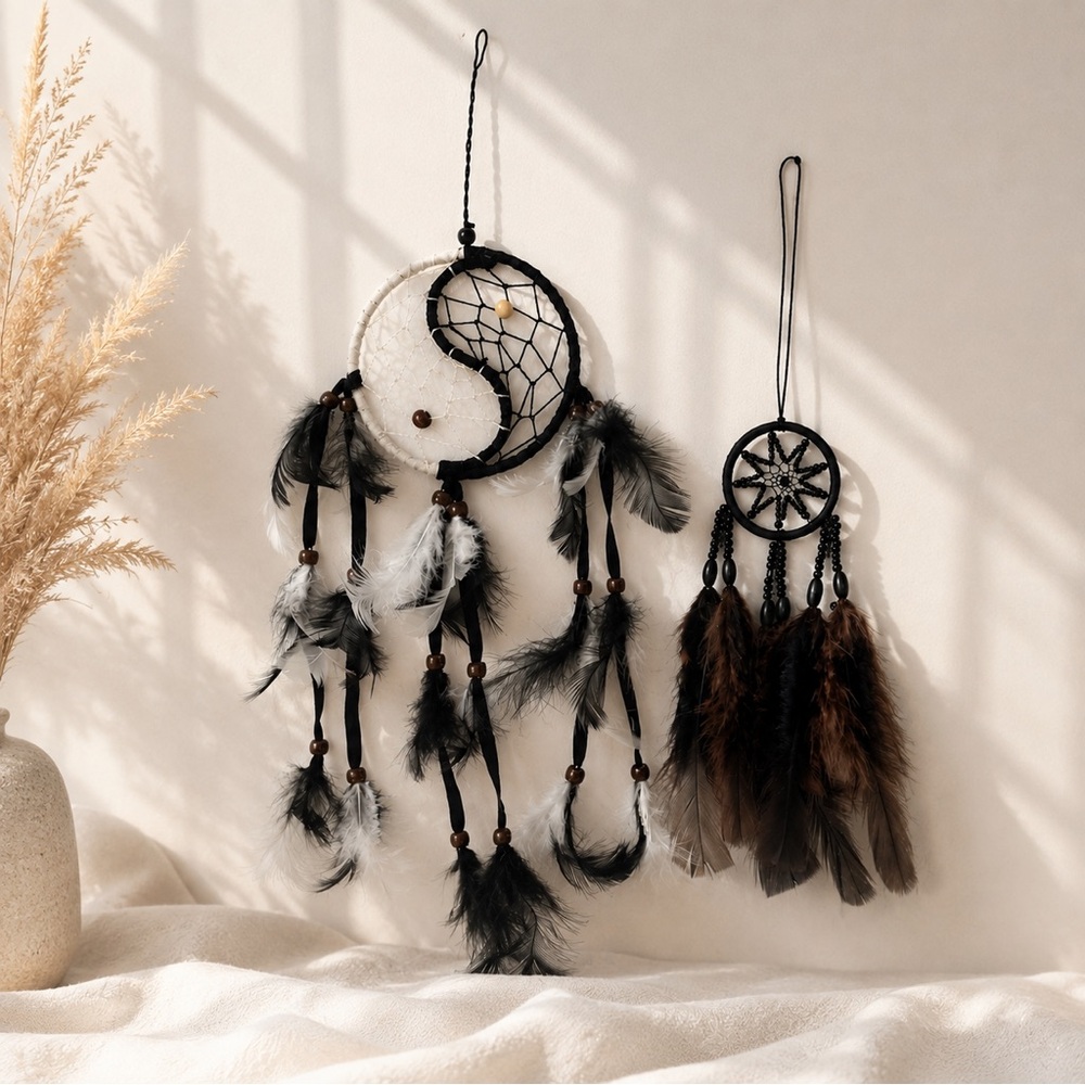 Boho Dream Catcher Bundle Set of 2 – Yin Yang & Black Feather Wall Hanging Decor